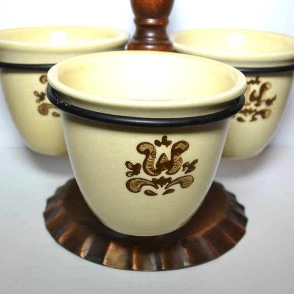 Vintage Pfaltzgraff Village Pattern Condiment Set Copper Base And Holders - Picture 2 of 8